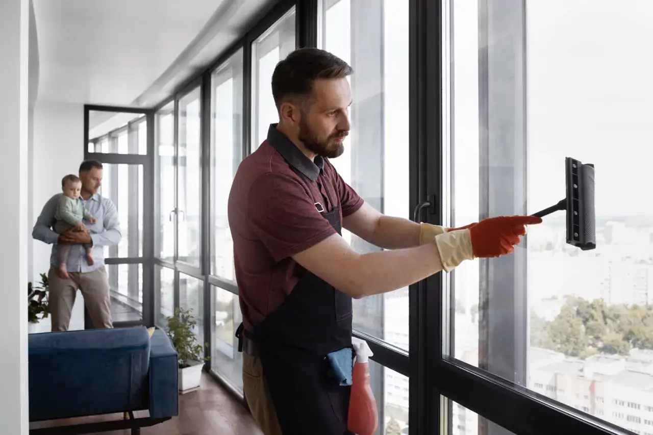 Reinigungskraft säubert große Fenster mit einem Abzieher, während im Hintergrund ein Mann mit Kind im Raum steht. Fenster und Jalousien professionell reinigen leicht gemacht.
