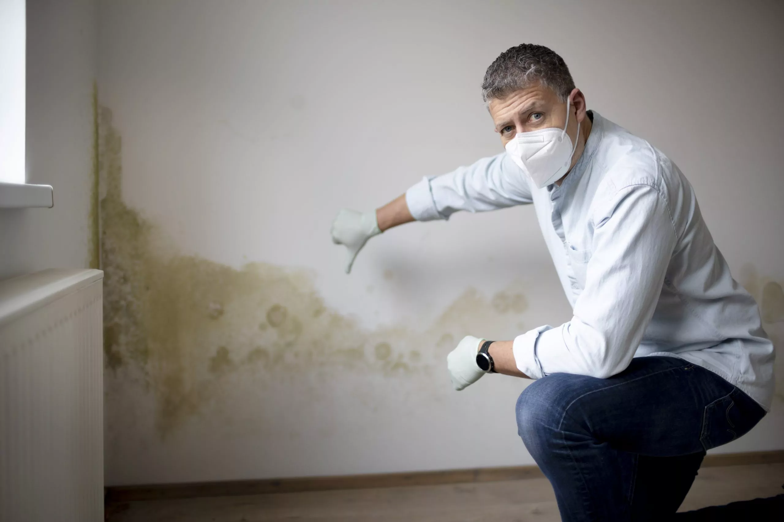 Schimmel in der Wohnung an einer feuchten Wand, während ein Mann mit Maske und Handschuhen auf den Befall zeigt.