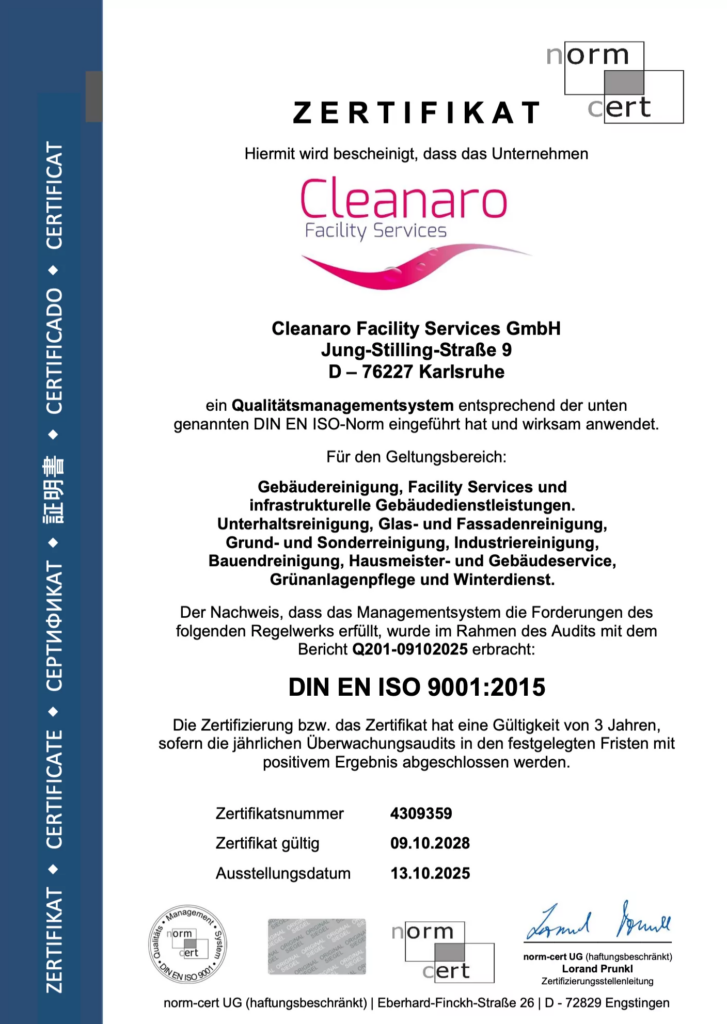 Über uns - Gebäudereinigung in Karlsruhe Cleanaro