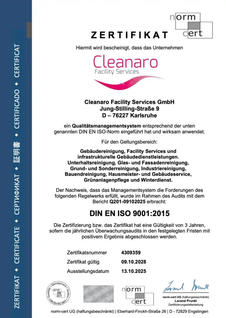 ISO 9001 Zertifikat der Cleanaro Facility Services GmbH für das Qualitätsmanagement