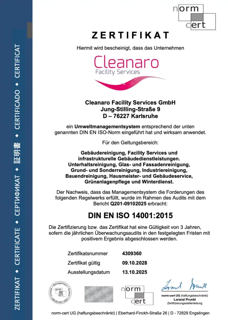 ISO 14001 Zertifikat der Cleanaro Facility Services GmbH für das Umweltmanagement