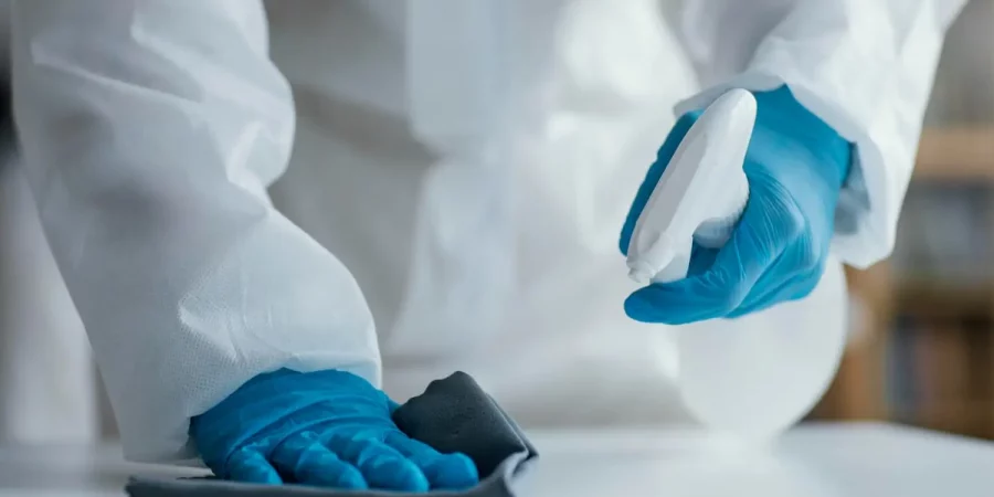 Hände mit Schutzhandschuhen reinigen eine Arbeitsfläche nach HACCP