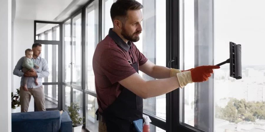 Reinigungskraft säubert große Fenster mit einem Abzieher, während im Hintergrund ein Mann mit Kind im Raum steht. Fenster und Jalousien professionell reinigen leicht gemacht.