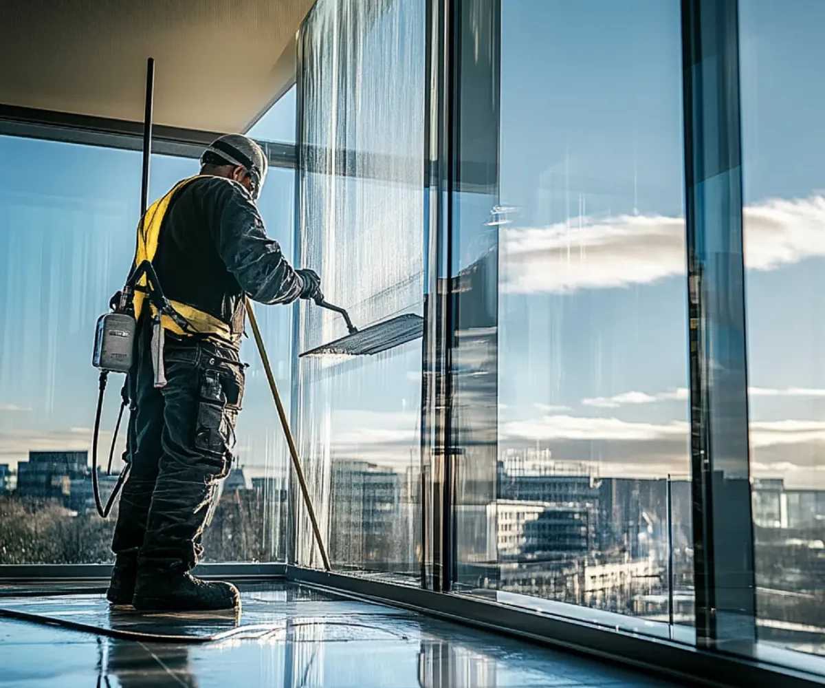 Fensterreiniger mit Abzieher an der Glasfassade eines Hochhauses, Glasreinigung