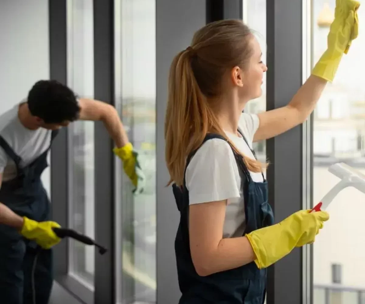 Zwei Reinigungskräfte putzen eine große Glasfläche, Fenster- und Jalousienreinigung