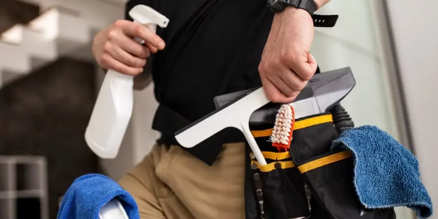 Junger Mann reinigt mit Schwamm und Reinigungsmittel eine Oberfläche bei der professionellen Gebäudereinigung.