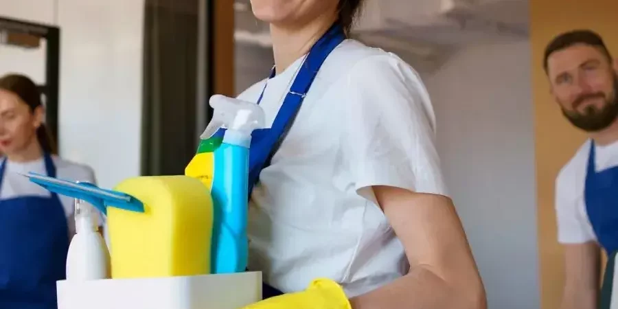 Reinigungsteam mit Eimer und Sprühflasche im Innenraum vor der Grundreinigung