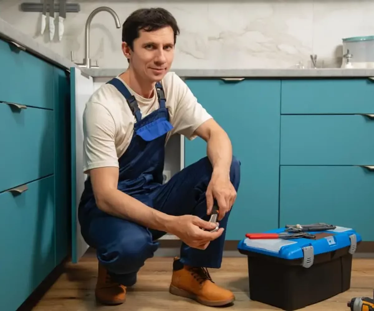Handwerker mit Werkzeugkoffer bei der Reparatur in der Küche, Hausmeisterdienste