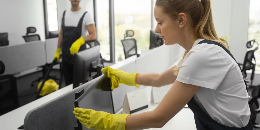 Junge Frau beim Reinigen eines Moniors - Büroreinigung nach Arbeitsstättenrichtlinie