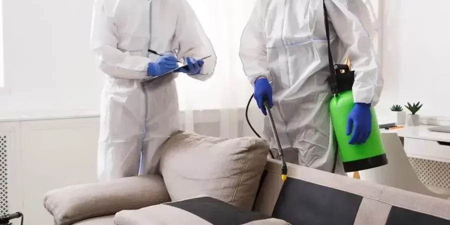 Zwei Mitarbeiter in Schutzanzügen desinfizieren ein Polstersofa, Objektbetreuung