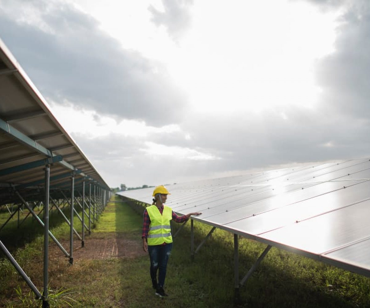 PV-Reinigung und Kontrolle einer großen Solaranlage durch einen Mitarbeiter mit Schutzhelm