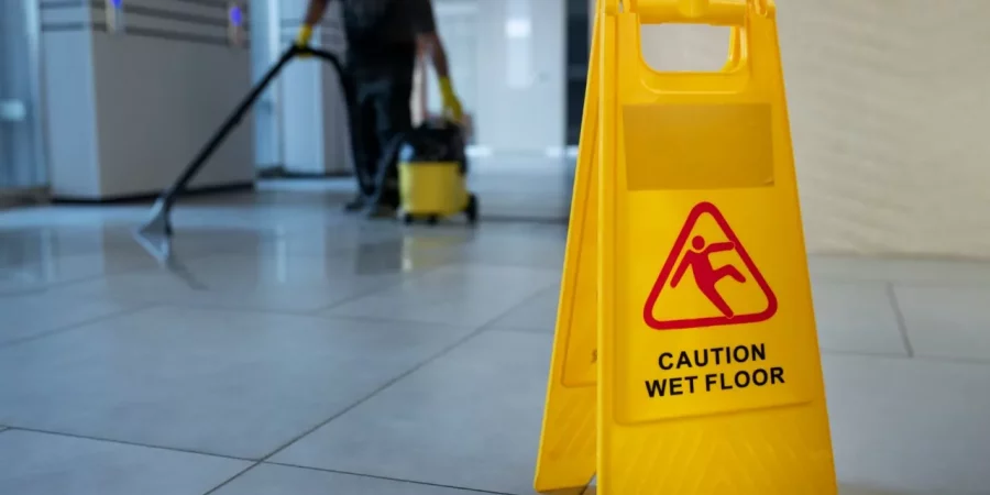 Reinigungskraft wischt den Boden einer Gewerbefläche, daneben steht ein Warnschild für den frisch gereinigten Bereich bei der Reinigung von Gewerbeflächen.