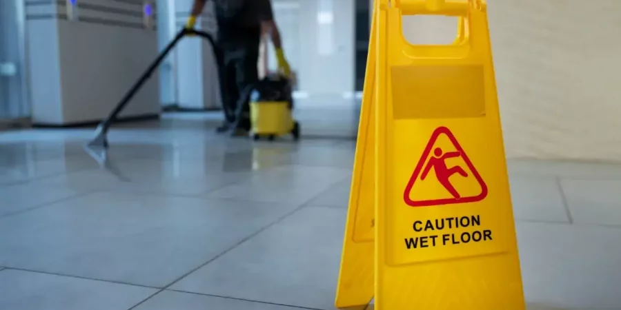 Bodenreinigung mit Warnschild in einem Gewerbeobjekt, Reinigung von Gewerbeflächen