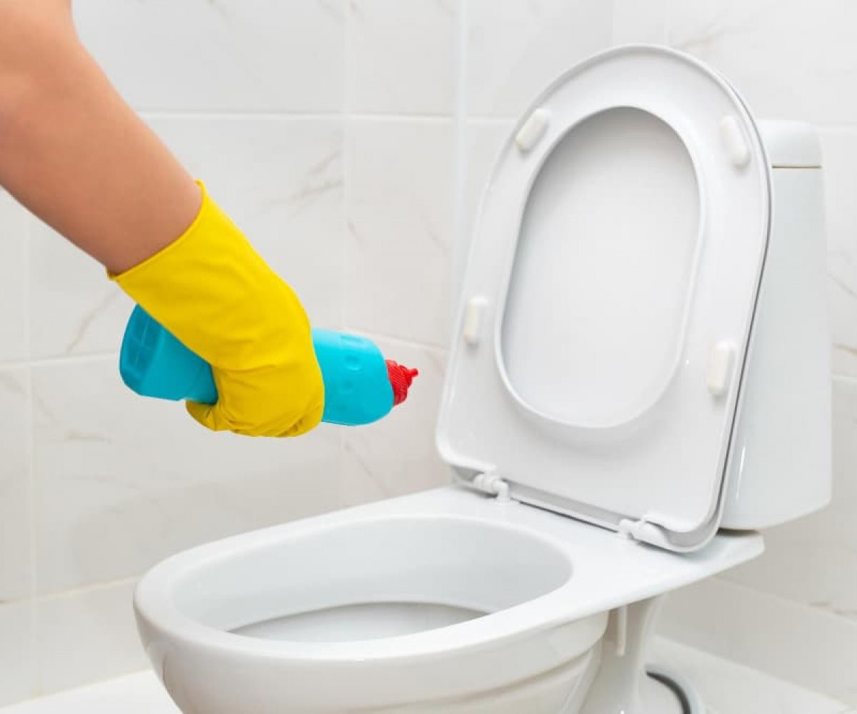 Sanitärreinigung einer Toilette mit Reinigungsmittel zur gründlichen Reinigung im Bad