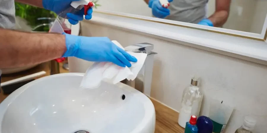 Waschbecken wird mit Reinigungsmittel gesäubert, Sanitärreinigung von Cleanaro
