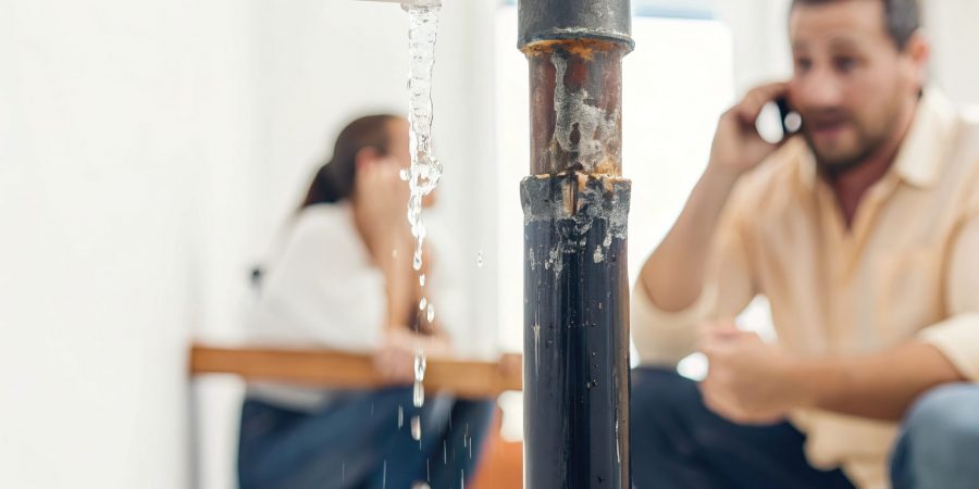 Undichtes Rohr tropft in einem Wohnraum, während ein Mann im Hintergrund telefoniert und eine Frau daneben sitzt. Reinigung nach einem Wasserschaden.